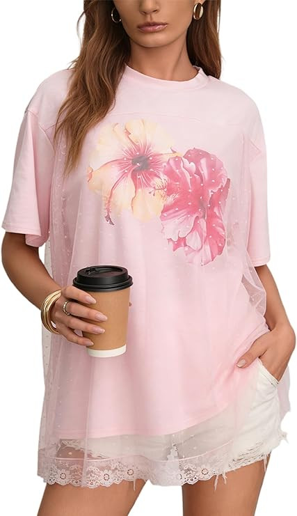 CSDAJIO Trendy Crew Neck Oversized T Shirts for Women Short Sleeve Loose Graphic Tee Summer Lace ... | Amazon (US)