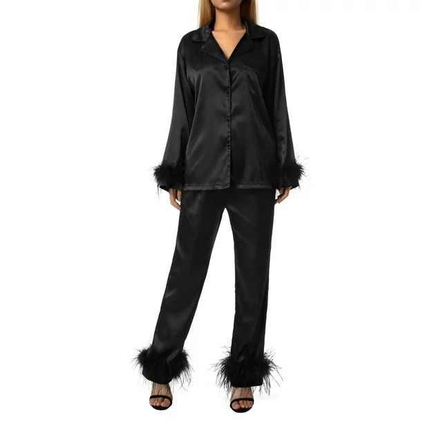 YiLvUst Feather Pajamas for Women Satin Long Sleeve Button Down Sleepwear Nightwear Loungewear Pj... | Walmart (US)