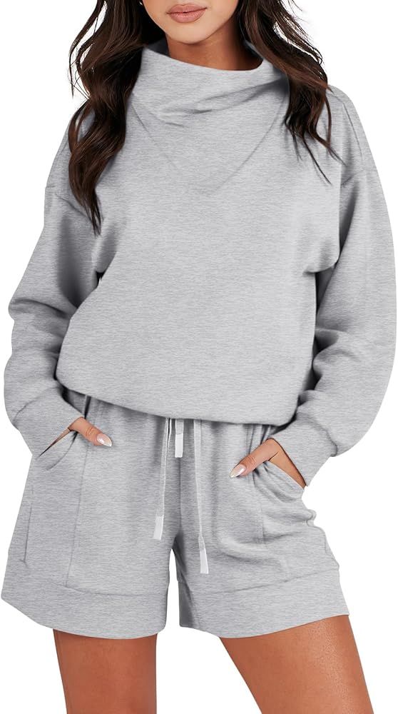 Caracilia Women 2 Piece Outfits Loose Sweatsuits Fashion Cowl Neck Sweatshirts & Shorts Set Lounge W | Amazon (US)