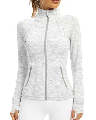 QUEENIEKE Women Athletic Jackets Cottony-Soft Full Zip Slim Fit Workout Running Jacket with Pockets(S,White Space Dye) | Amazon (US)