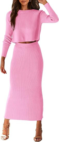 PRETTYGARDEN Women's Spring Fall 2 Piece Sweater Set Rib Knit Long Sleeve Crop Top Maxi Bodycon S... | Amazon (US)