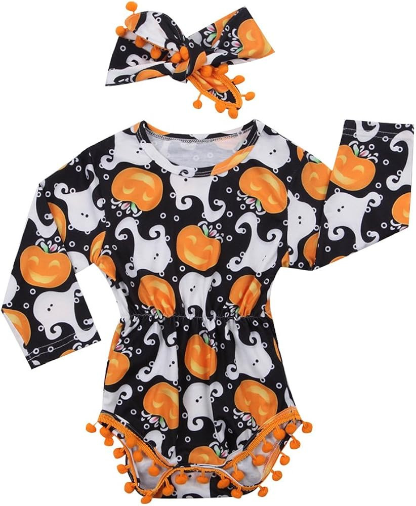 Cute Infant Newborn Baby Girl Long Sleeve Pumpkin Bodysuit Pompom Romper Halloween Outfit with He... | Amazon (US)