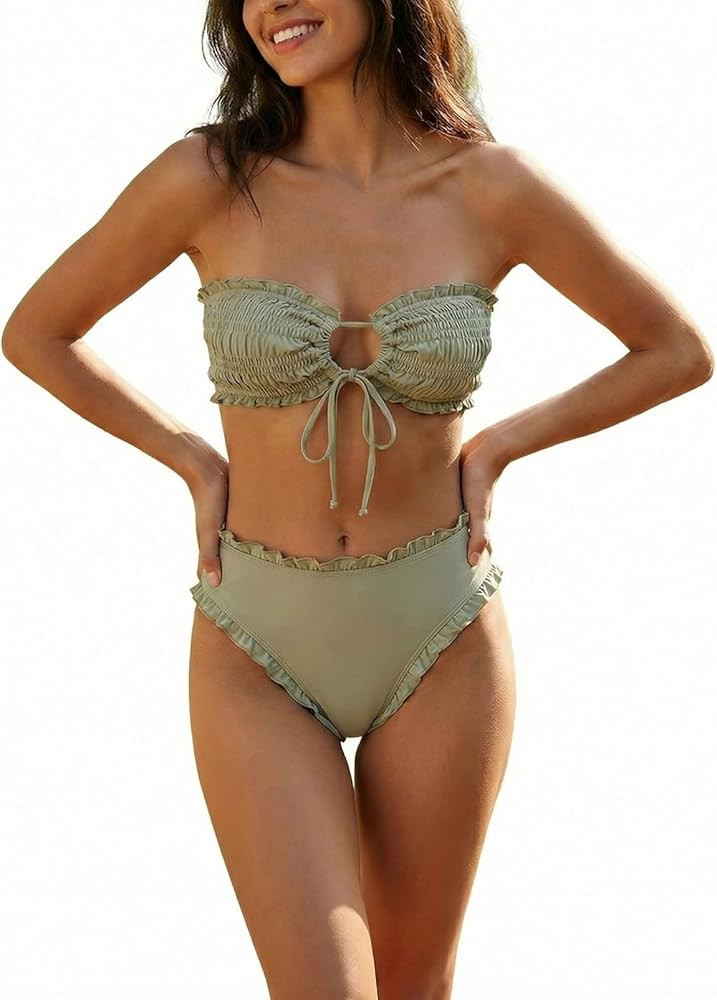 Women's Ruffle Bikini Set 2 Piece Swimsuit, Smocked Bandeau Top, High Waisted Bottom, Cheeky Cove... | Amazon (US)