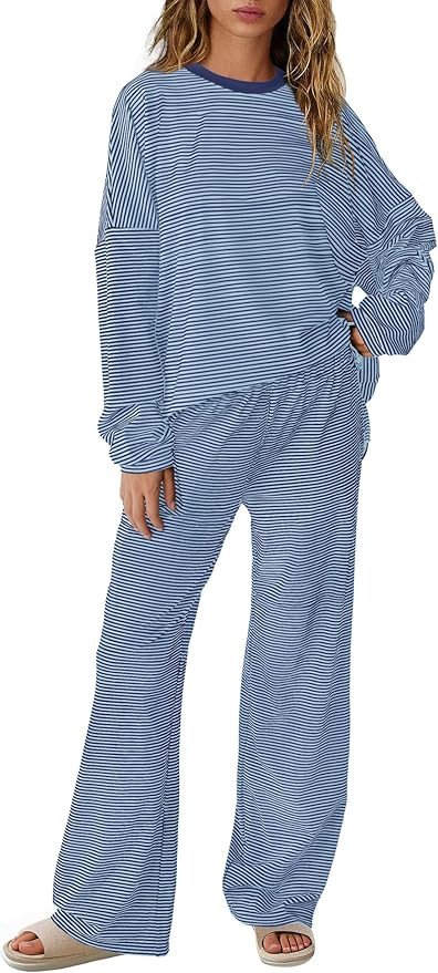 SENSERISE Womens Striped Lounge Set 2 Piece Outfits Fall Matching Pajama Sets Long Sleeve Striped... | Amazon (US)