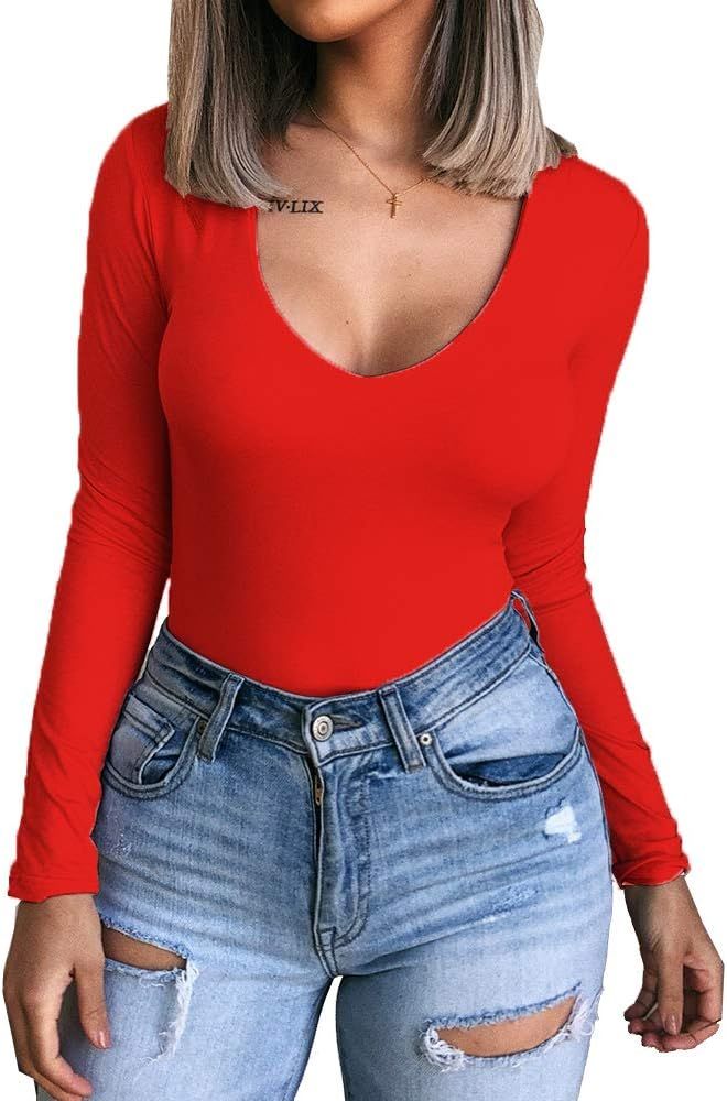 Womens Long Sleeve Bodysuit Tops Scoop Neck T Shirt Jumpsuits | Amazon (US)