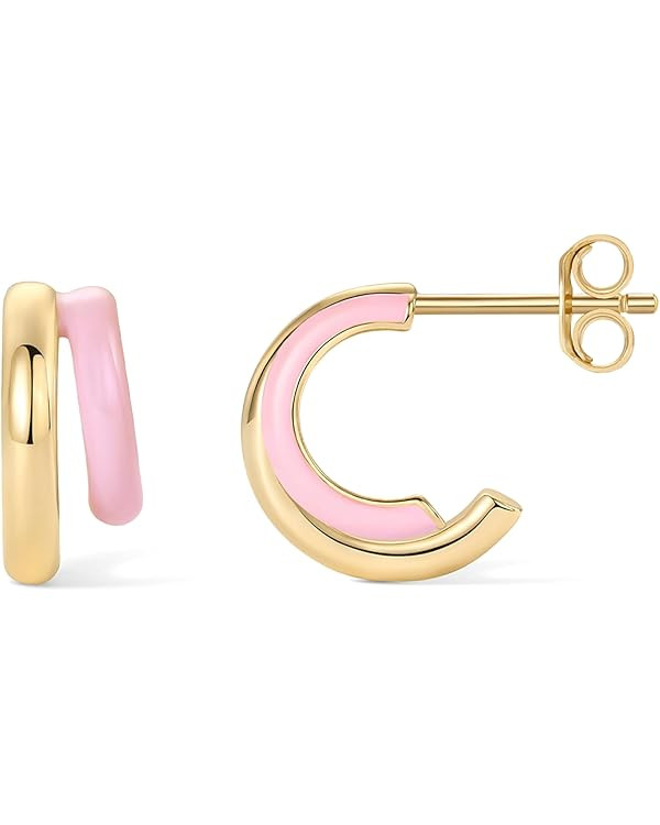 PAVOI 14K Gold Plated Sterling Silver Post Enamel Double Split Huggies | Colored Enamel Hoop Earr... | Amazon (US)