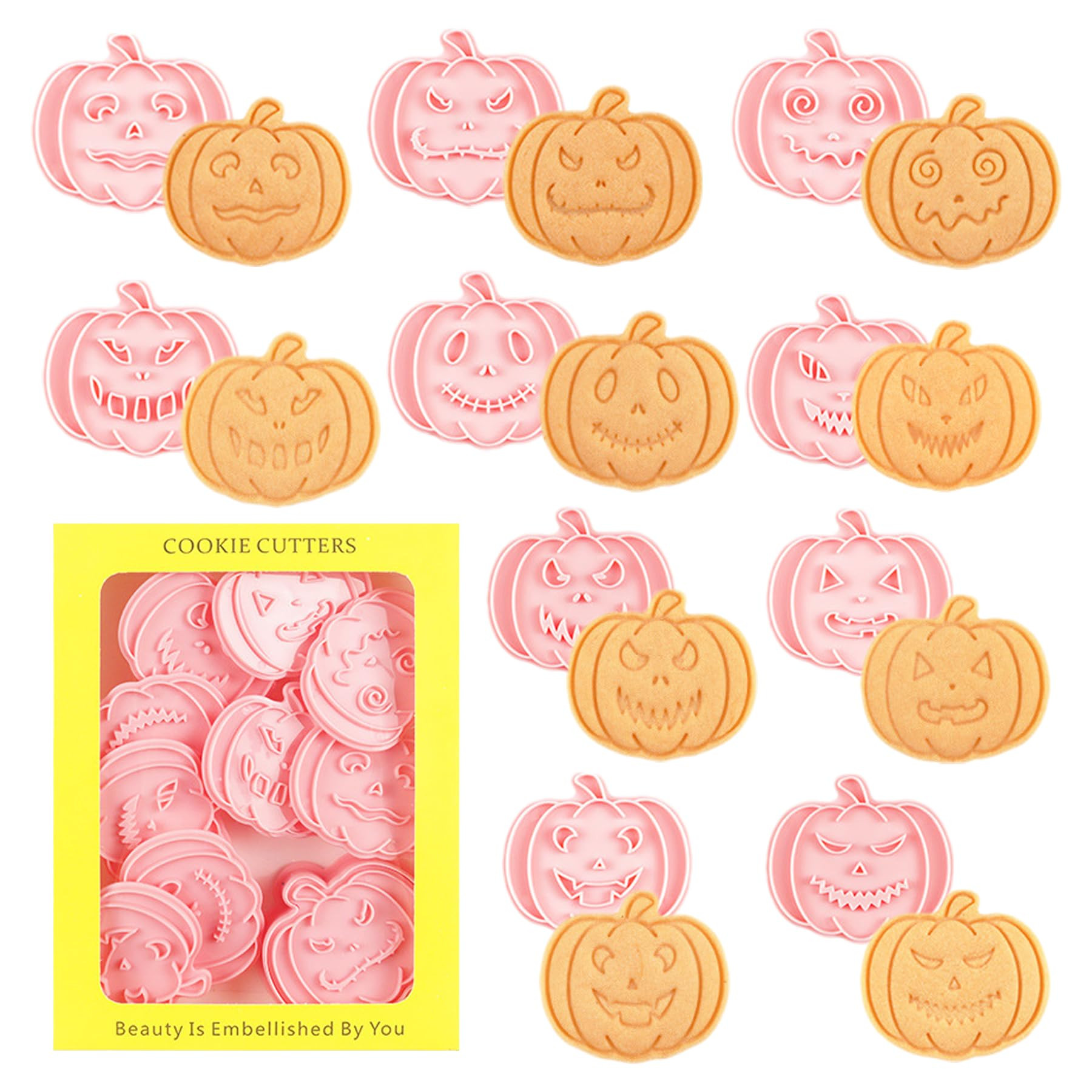 10 Pcs Halloween Cookie Cutters Set with Plunger Stamps, 3D Pumpkin Plastic DIY Cookie Molds for ... | Amazon (US)