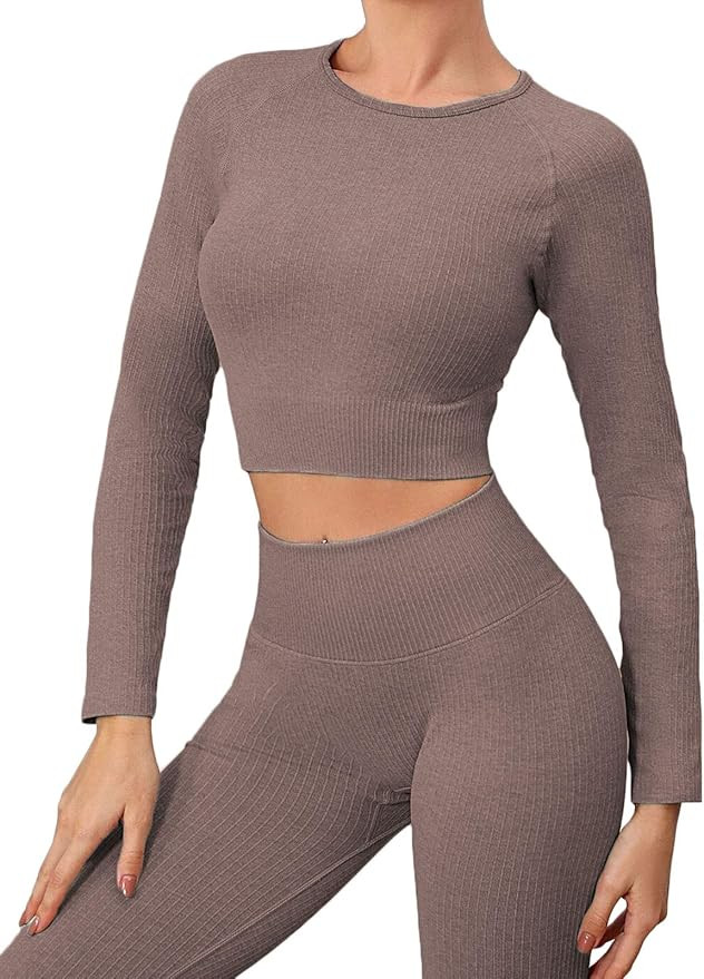 Buscando Womens Gym Sets 2 Piece Long Sleeve Workout Crop Top Tank Ribbed High Waist Seamless Leg... | Amazon (UK)
