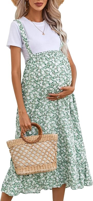 KOJOOIN Maternity Maxi Skirt Womens High Waisted Boho Summer Casual Flowy Ruffle Suspender Long Preg | Amazon (US)