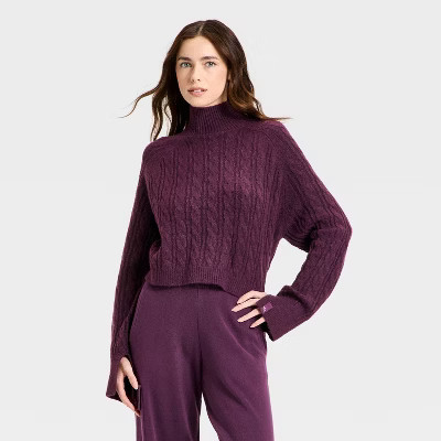 Women's Mock Neck Cable Knit Sweater - JoyLab™ Plum Purple L | Target
