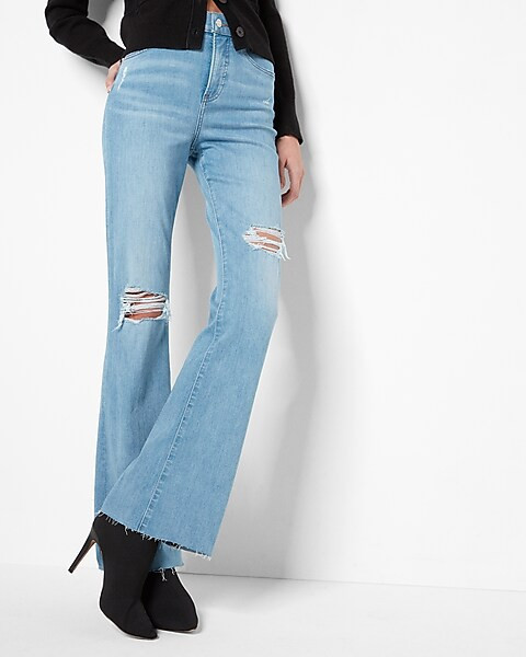 High Waisted Light Wash Ripped Flare Jeans | Express