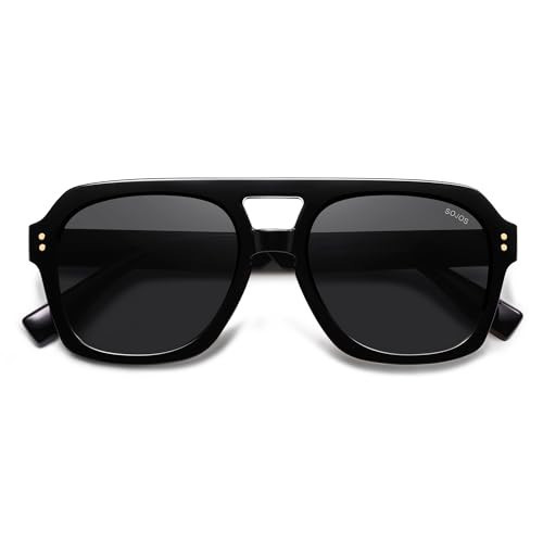 SOJOS Retro Thick Polarized Aviator Sunglasses for Women Men, Large Trendy Bold Square Pilot Shades SJ2385, Black/Grey | Amazon (US)