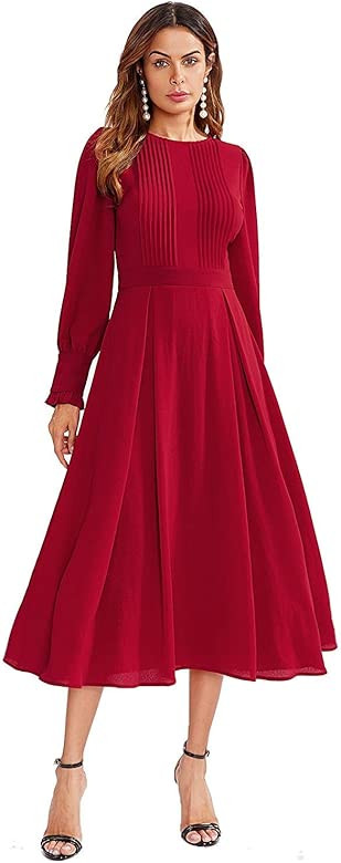 Women's Elegant Frilled Long Sleeve Pleated Fit & Flare Dress | Amazon (US)