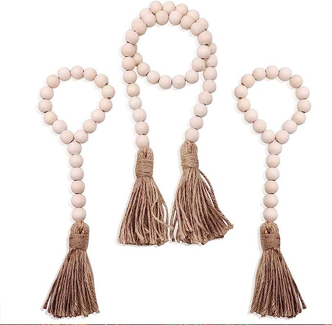 Wood Bead Garland, 3Pcs Farmhouse Beads, Wood Bead Garland with Tassel, Prayer Beads, Farmhouse D... | Amazon (US)