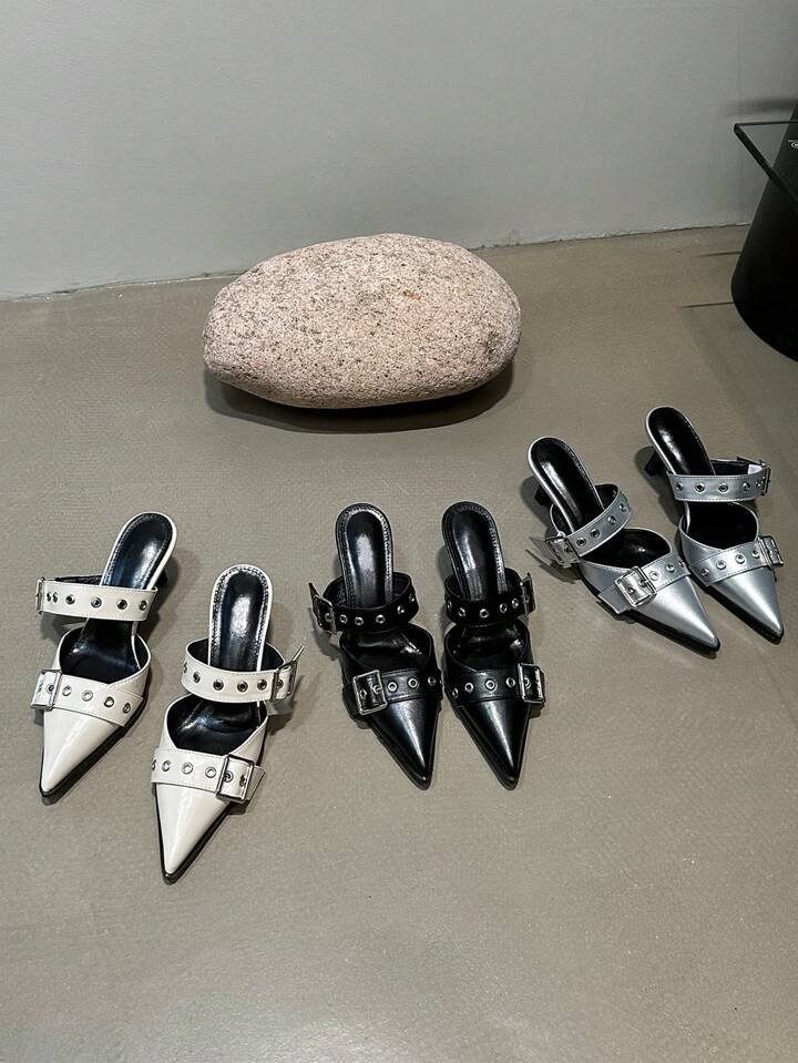 Mulas Negras De Tacón Alto Con Hebilla De Correa Para Mujer Con Detalles Metálicos En La Punta ... | SHEIN