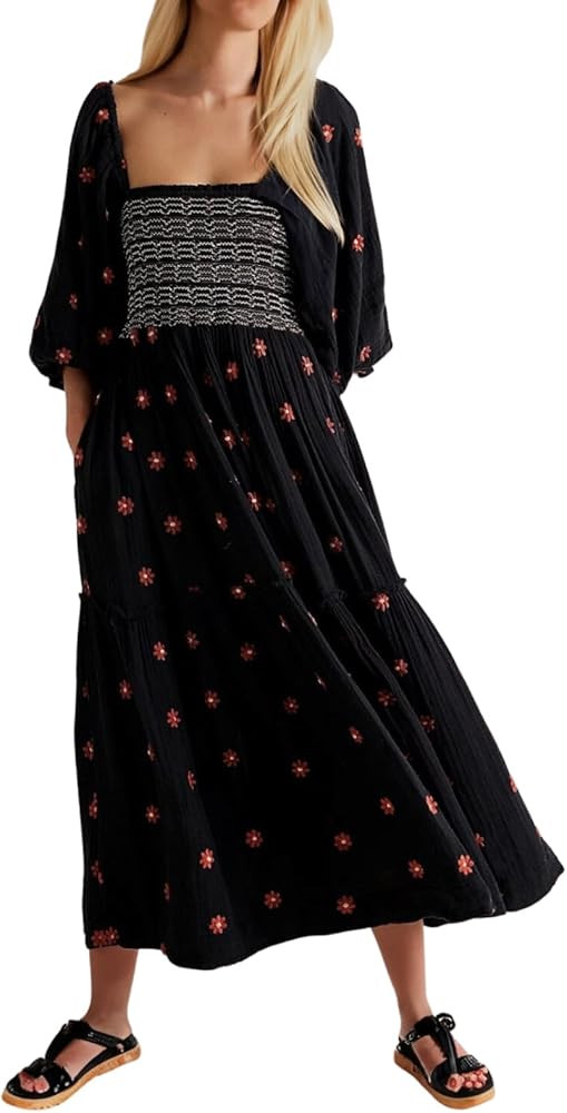 AnotherChill Women's Casual Embroidered Maxi Dress Floral Flowy Square Neck Dresses with Puff Sleeve | Amazon (US)