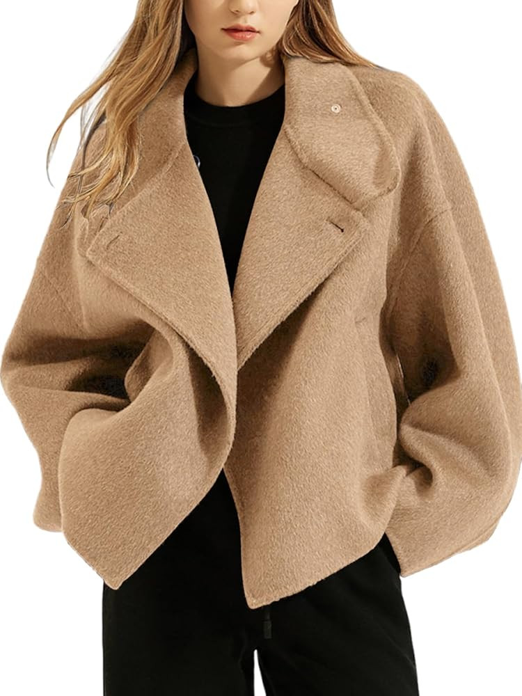 utcoco Women Cropped Thicken Wool Coats Oversized Short Jackets Notched Lapel Pea Coat Trench Ove... | Amazon (US)