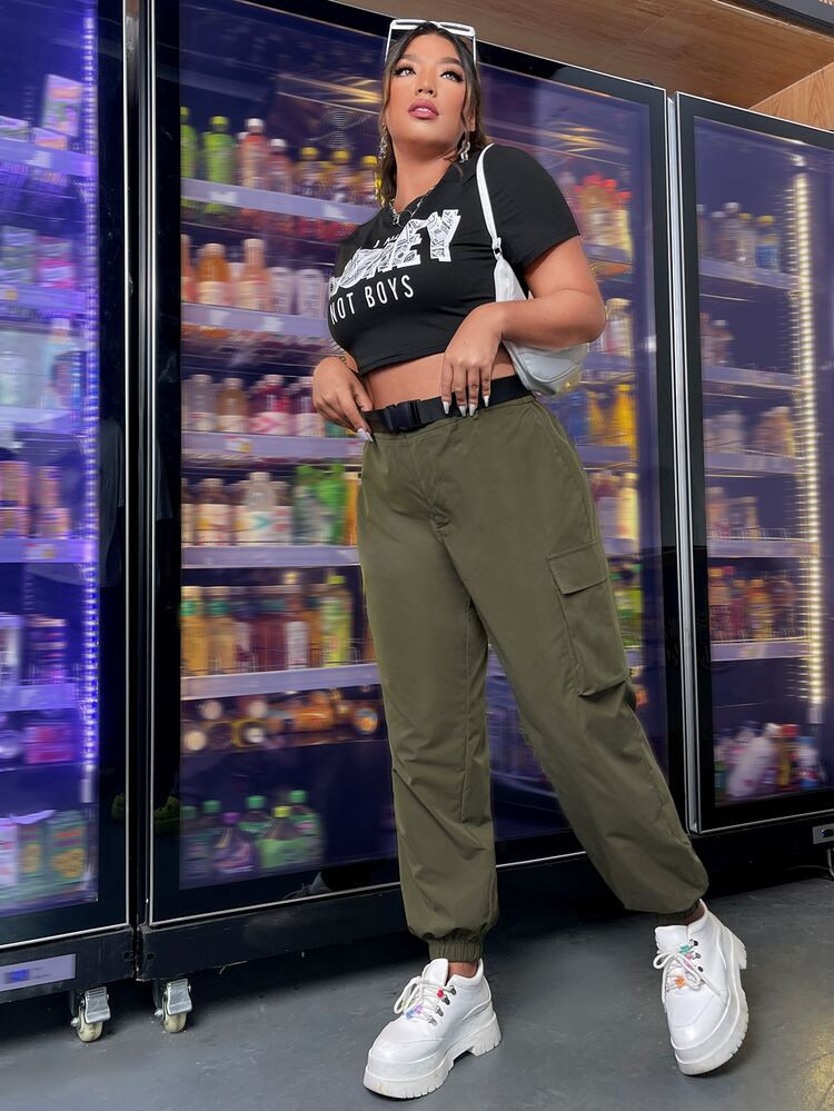 Plus Flap Pocket Side Buckled Belted Cargo Pants | SHEIN