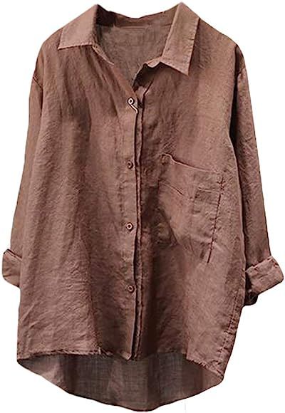 Minibee Women's Casual Cotton Linen Blouse Plus Size High Low Shirt Long Sleeve Tops | Amazon (US)