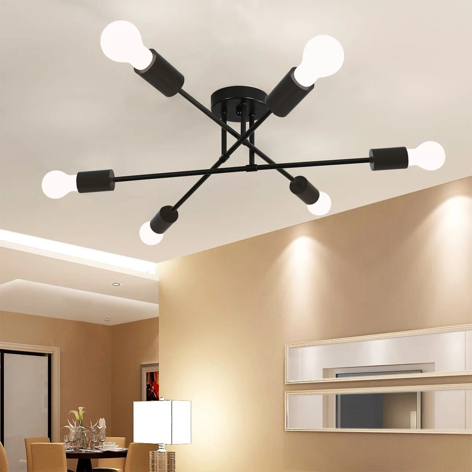 RIOUSERY Modern Sputnik Chandelier, Ceiling Light Fixture Semi Flush Mount 6-Lights Black Chandel... | Walmart (US)