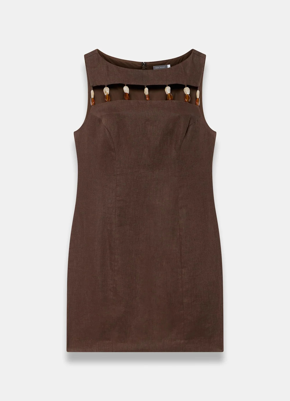 Brown Linen Beaded Mini Dress | Mint Velvet