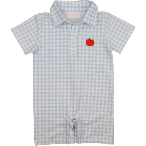 Blue Check Knit Pumpkin Short Romper | Cecil and Lou