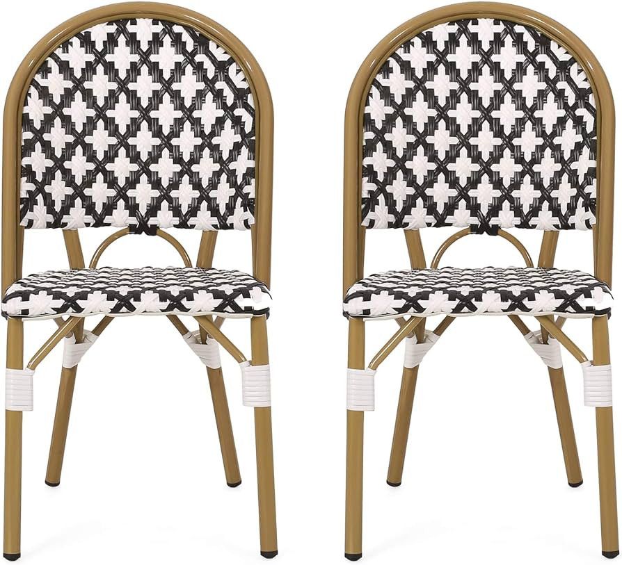 Christopher Knight Home Anastasia Outdoor French Bistro Chair (Set of 2), Black + White + Bamboo ... | Amazon (US)