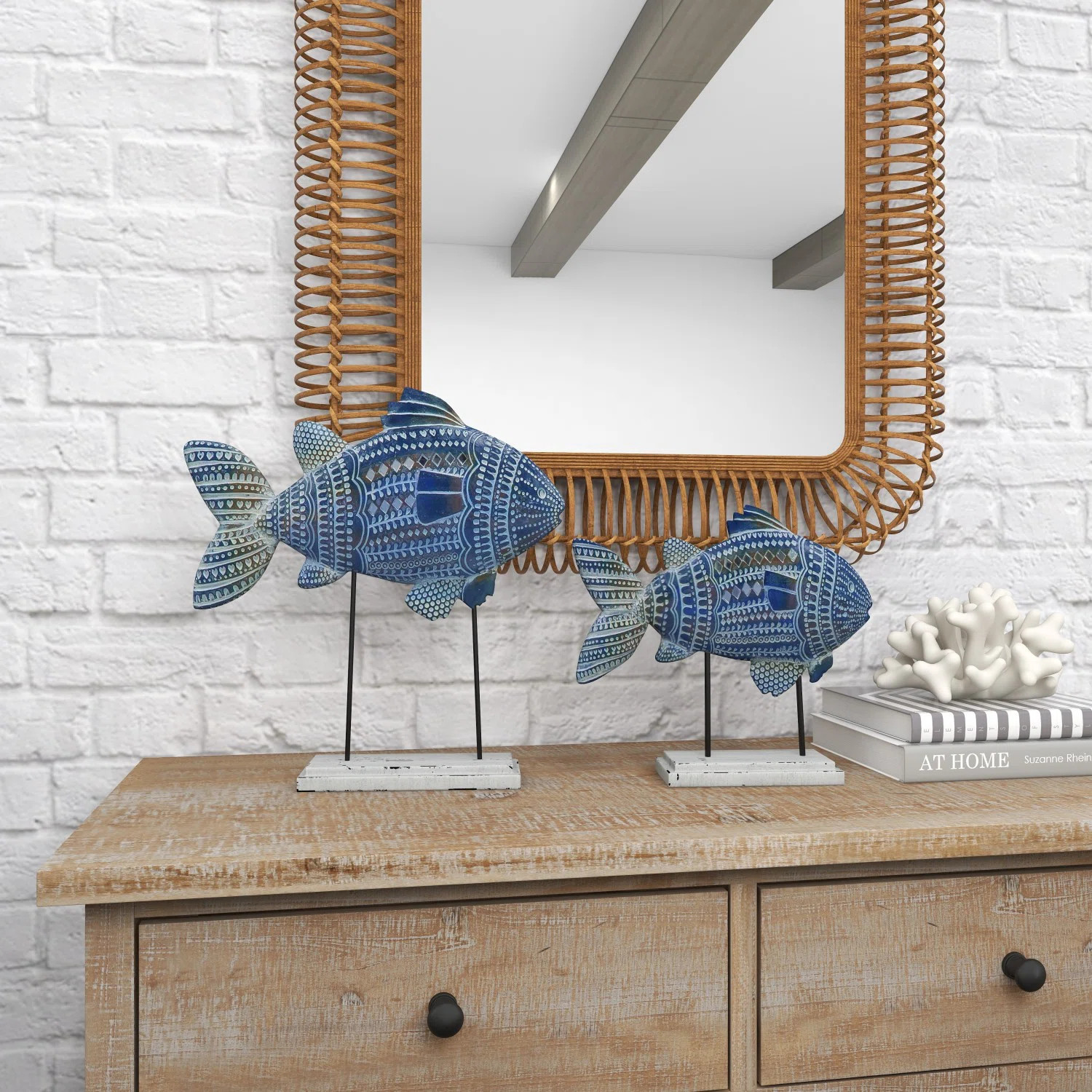 Dovecove Polystone Tribal Patterned Fish Decorative Sculpture with White Carvings and Mirrored Ac... | Wayfair North America