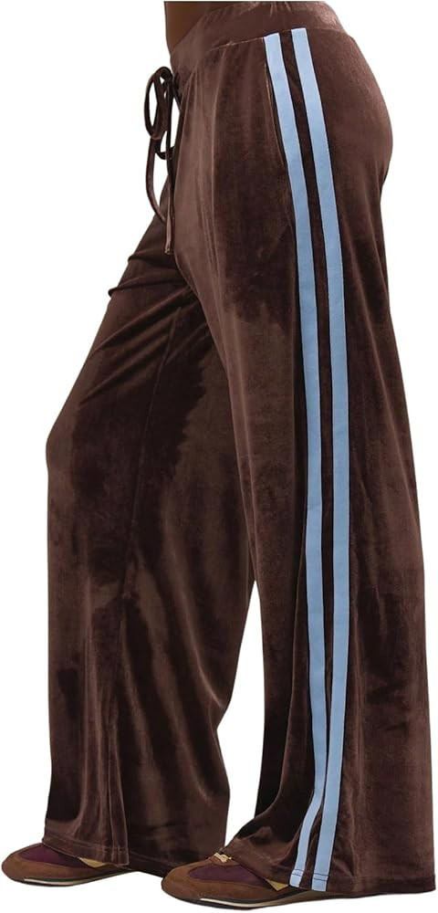 GORGLITTER Women's Wide Leg Sweatpants Side Striped Drawstring Waist Velvet Pants | Amazon (US)