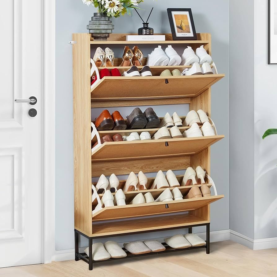 LEVNARY Shoe Cabinet with 3 Flip Drawers, Freestanding Shoe Storage Organizer for Entryway, Woode... | Amazon (US)