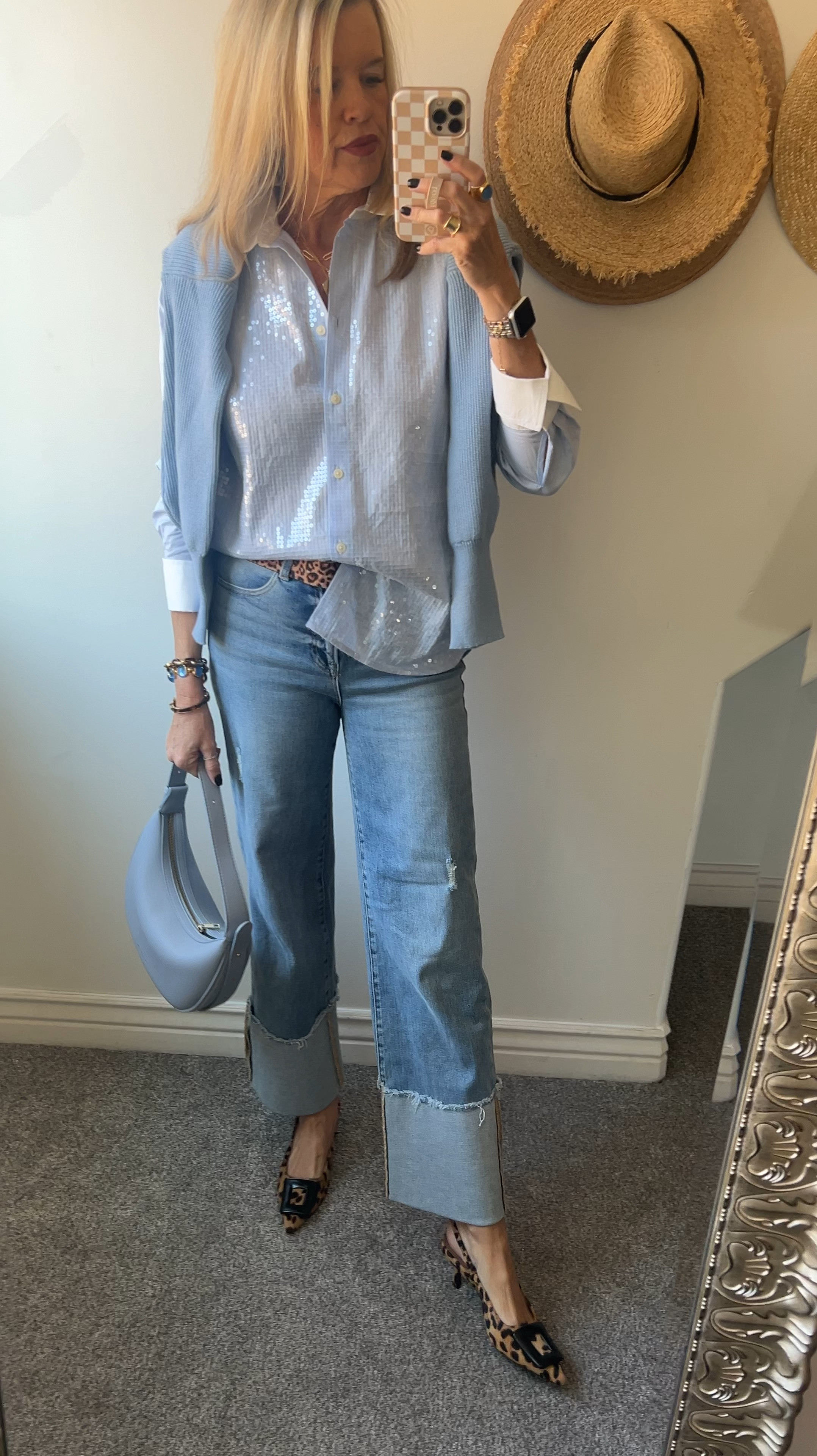 #ootf

🚨Promo code 
Save 10% with code thankyou10
Marci Moran 

NECKLACE stack

Marcia Moran 
16 inch Hania heart necklace 18karet gold plated link tbar with molded edge heart charm 

Julie voz blue stone circle necklace 
Julie Vos ring, & bracelet 

Tortoise chain link bracelet and  bangle Micheal Kors (old) linked similar 

14 inch paper clip 24 karat gold chain 
Local jewelry linked similar 

🚨Shirt is loft 50% off sequin button up
Fits tts I am in the small I wear a size 4

Risen denim jeans with wide cuff under $70 
My go to favorite jeans right now✔️

Amazon find Blue faux leather shoulder bag  under $40

Amazon sweater  over my shoulders 

Leopard belt from JCrew 

Leopard kitten heel sling back heel anthropologie tts 

#LTKSaleAlert #LTKVideo #LTKWorkwear