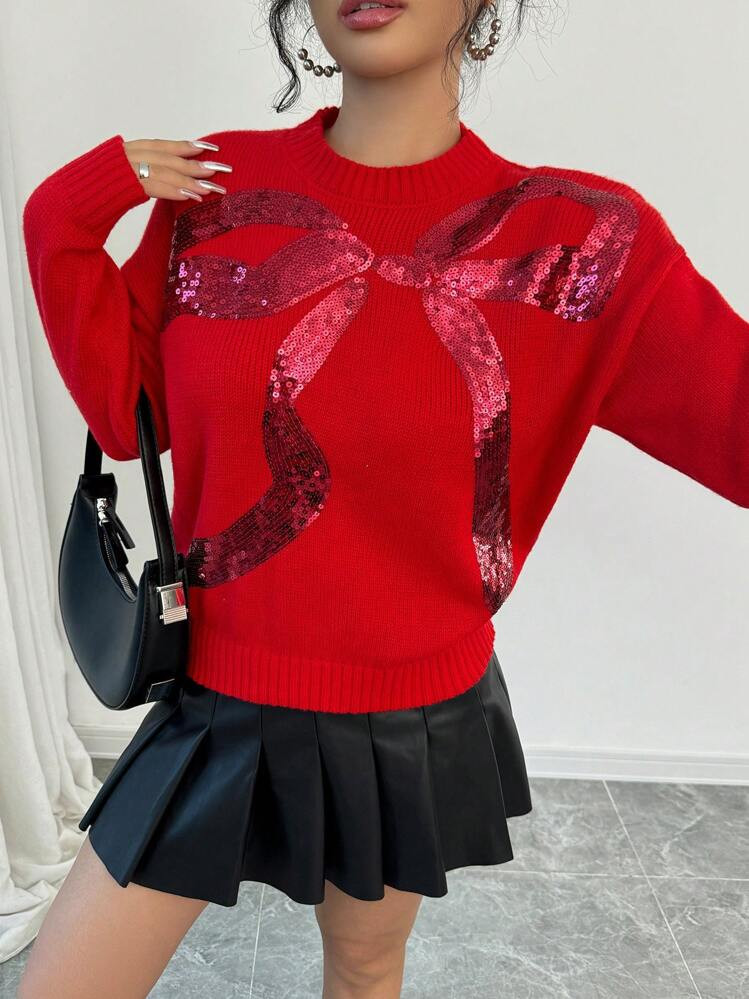 Bow Sweater, Sequin Bow Sweater, New Years Eve Sweater, Casual Christmas Outfit  | SHEIN