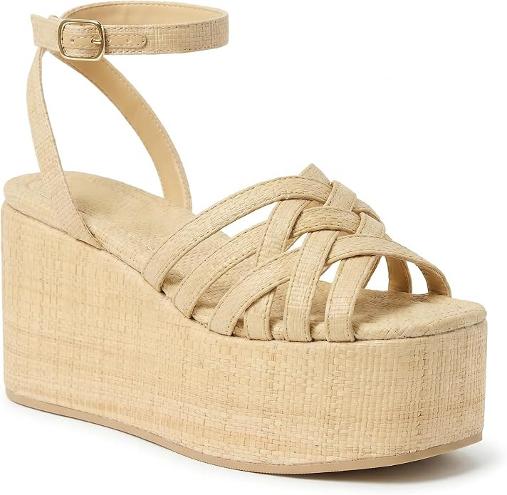 Women’s Raffia Platform Sandals, Braided Strappy Open Toe Flatform Wedge Sandals with Adjustabl... | Amazon (US)