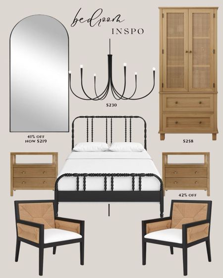 Wayfair bedroom inspo:
Black bed modern. Natural wood nightstands. Black accent chairs. Black framed tall mirror. Black chandelier modern. Natural wood cabinet tall.

#LTKhome #LTKsalealert