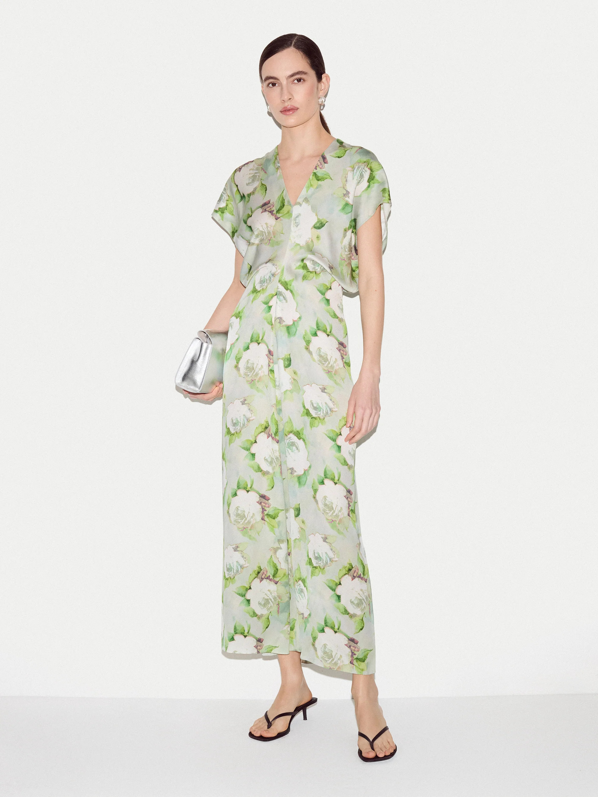 Sketch Rose Satin Midi Dress | Green | Jigsaw (UK)