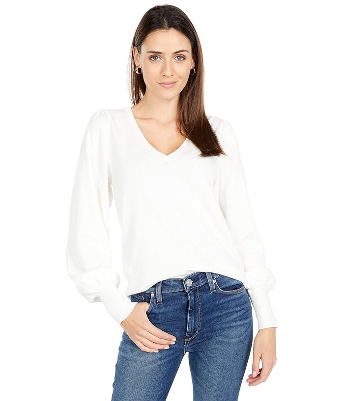 Lilla P Cotton Cashmere Puff Sleeve V-Neck Sweater (Starch) Women's Clothing | Zappos