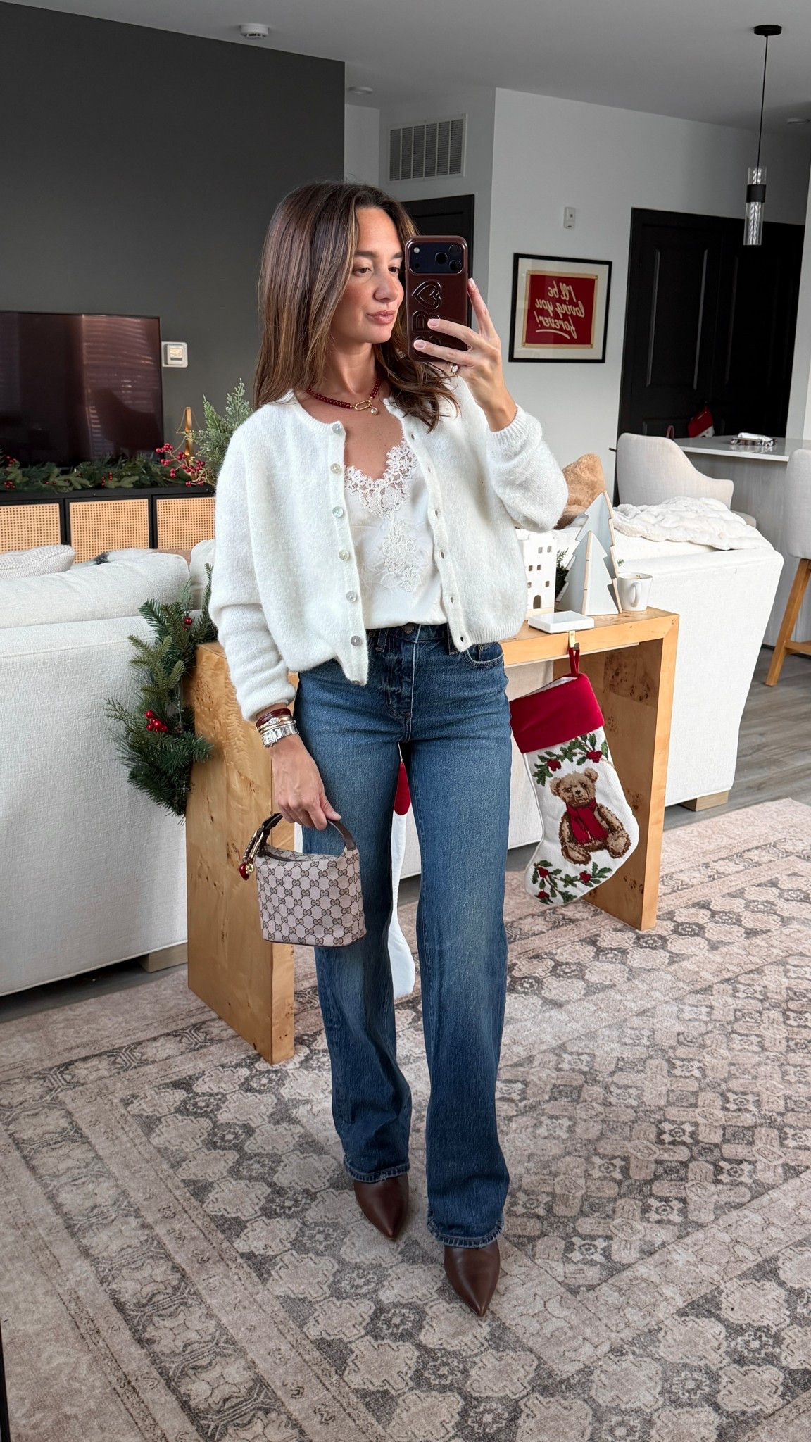 Small cardi! Linked similar + similar tanks (mine is sold out) jeans are size 24, reg length, vintage dark blue