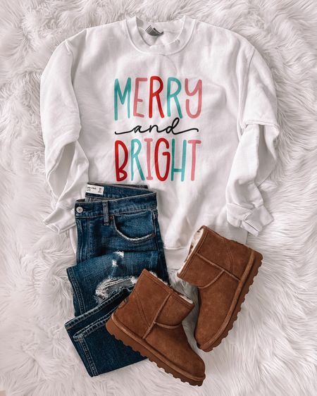 Merry and bright holiday sweatshirt casual outfit ❤️ I size up to medium 

#LTKSeasonal #LTKHoliday #LTKunder50