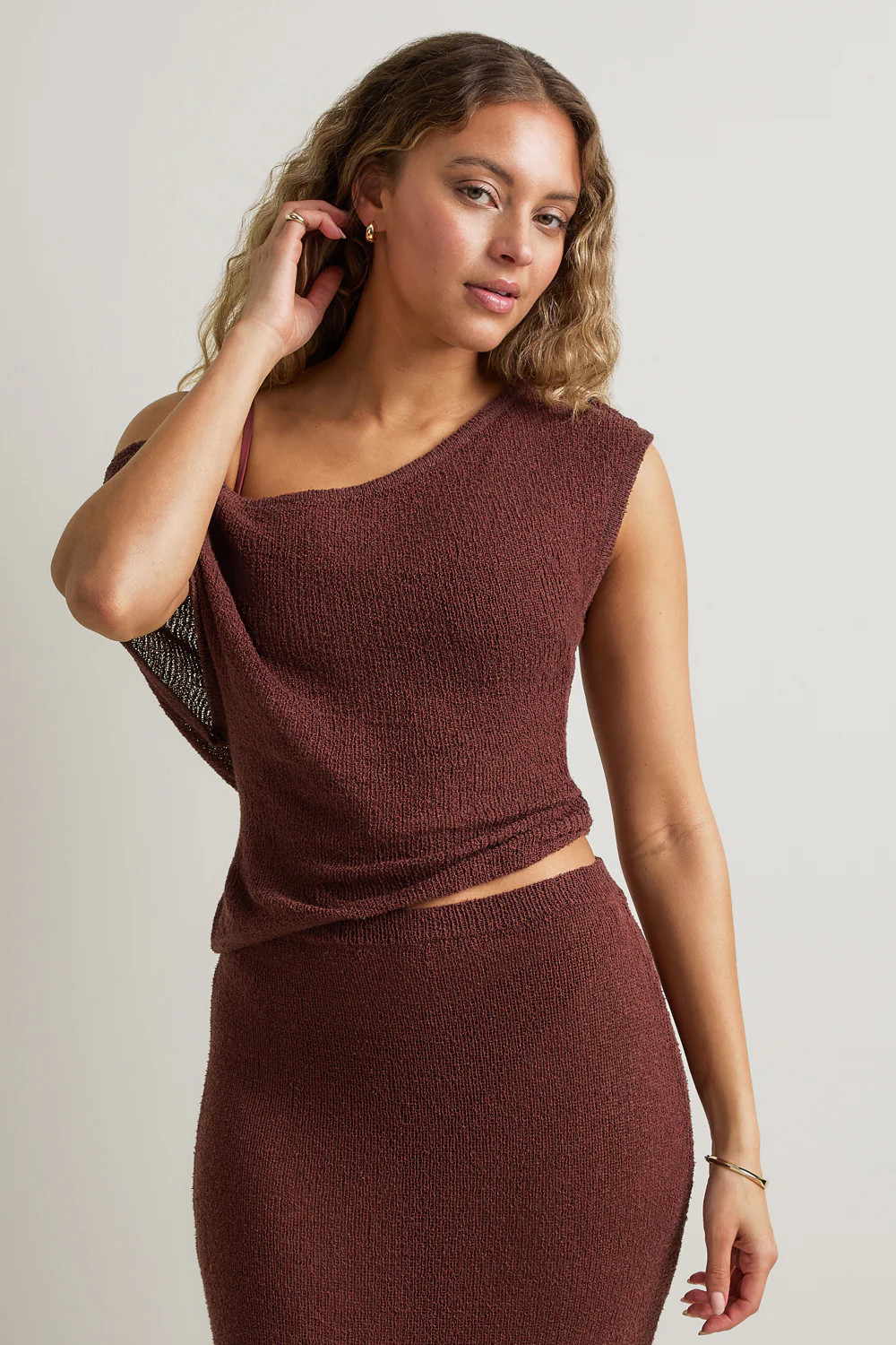 Beach Knit Asymmetric Top - Brown | TALA (UK)