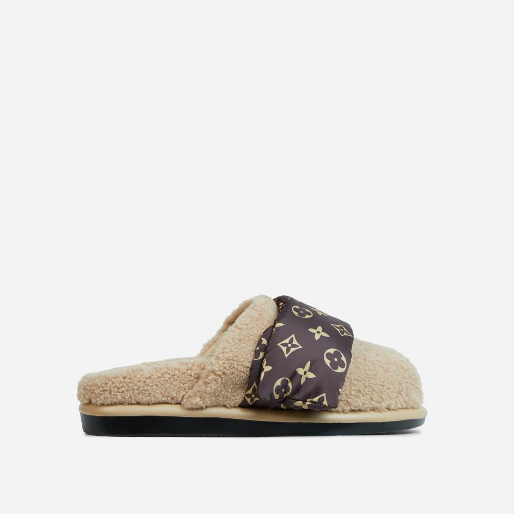 Pillow-Talk Printed Velcro Strap Closed Toe Slip-On Flat Mule In Nude Faux Shearling | EGO Shoes (US & Canada)