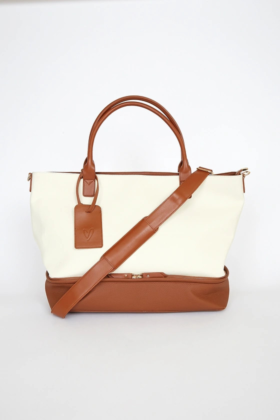 Weekend Traveler Ivory and Brown Tote Bag | Lulus (US)