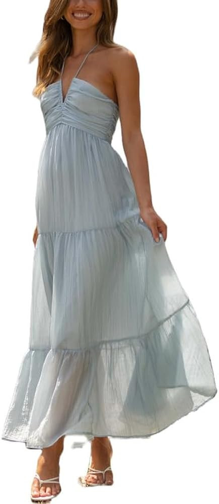 ROAONOCOMO Women Y2K Spaghetti Strap Maxi Dress Ruffle Flowy Long Cami Dress Cut Out Ruched Tiere... | Amazon (US)