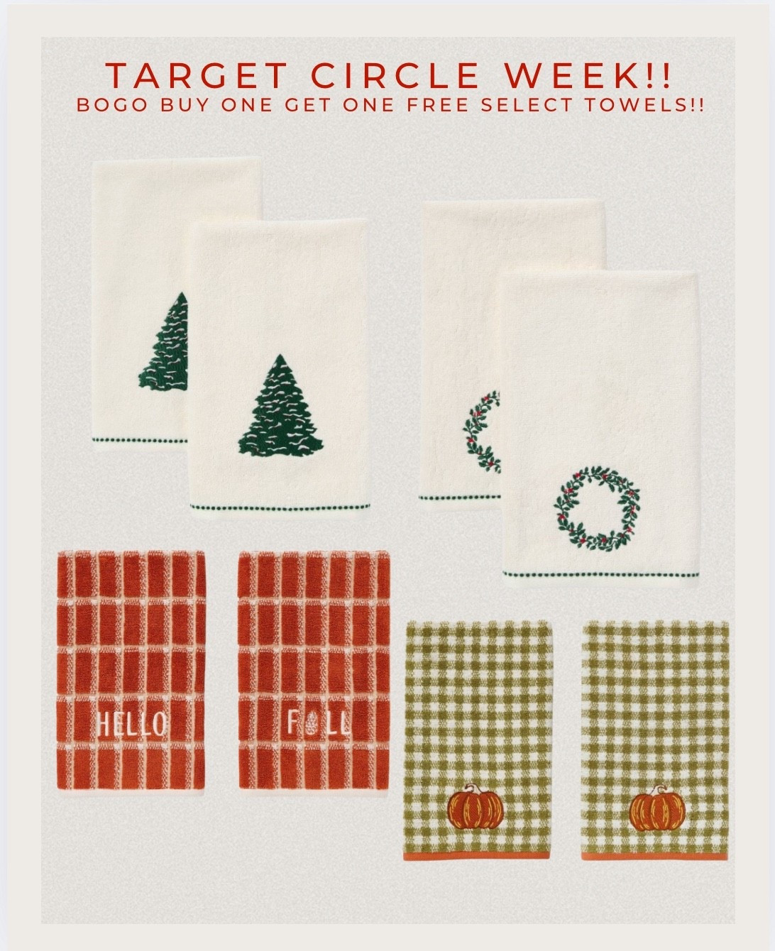 BOGO buy one, get one free for select towels for target circle week!! Holiday and plain options available!! Great filler gifts!! 

#LTKHome #LTKSeasonal #LTKSaleAlert