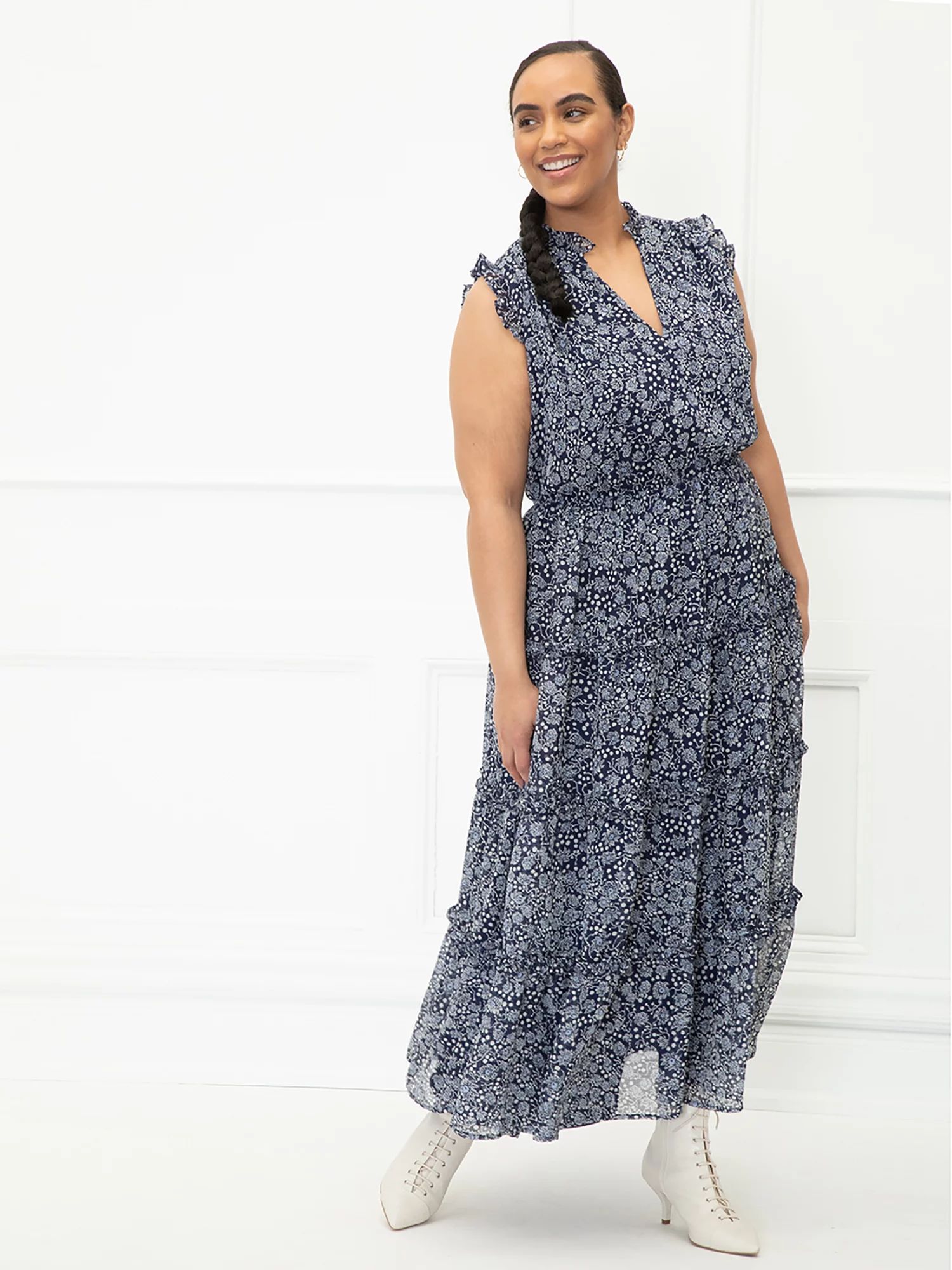 ELOQUII Elements Women's Plus Size Sleeveless Dandelion Print Ruffle Trim Dress | Walmart (US)