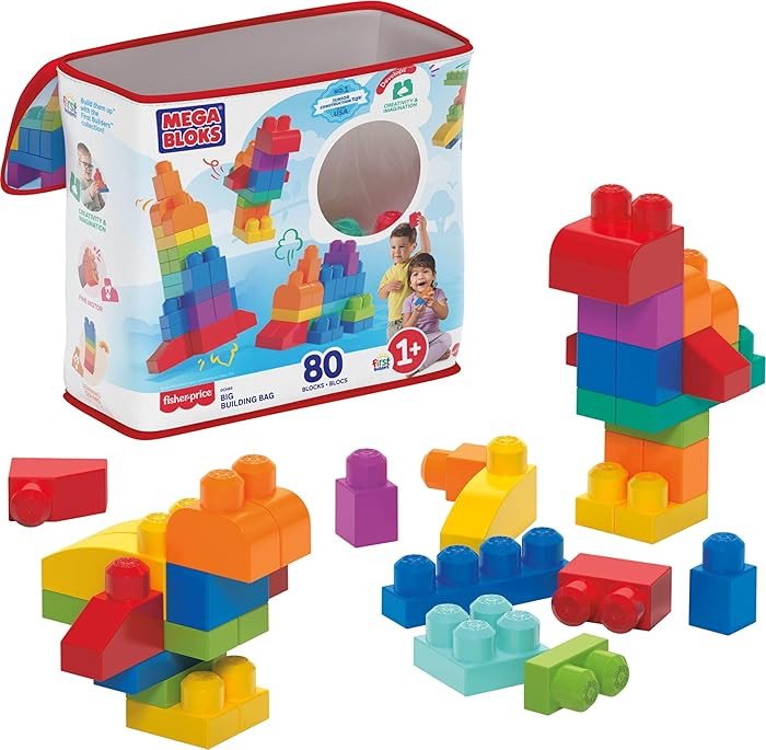 Mega Bloks First Builders Toddler Blocks Toys Set, Big Building Bag with 80 Pieces and Storage, A... | Amazon (US)