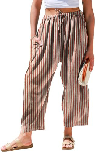 TARSE Womens Wide Leg Striped Linen Pants with Pocket | Amazon (US)