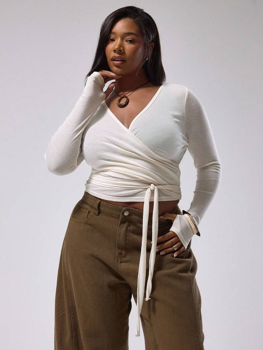 MUSERA Plus Ballerina Wrap Around Long Sleeve Top Cute Elegant Classy Fall Autumn Casual Lounge T... | SHEIN