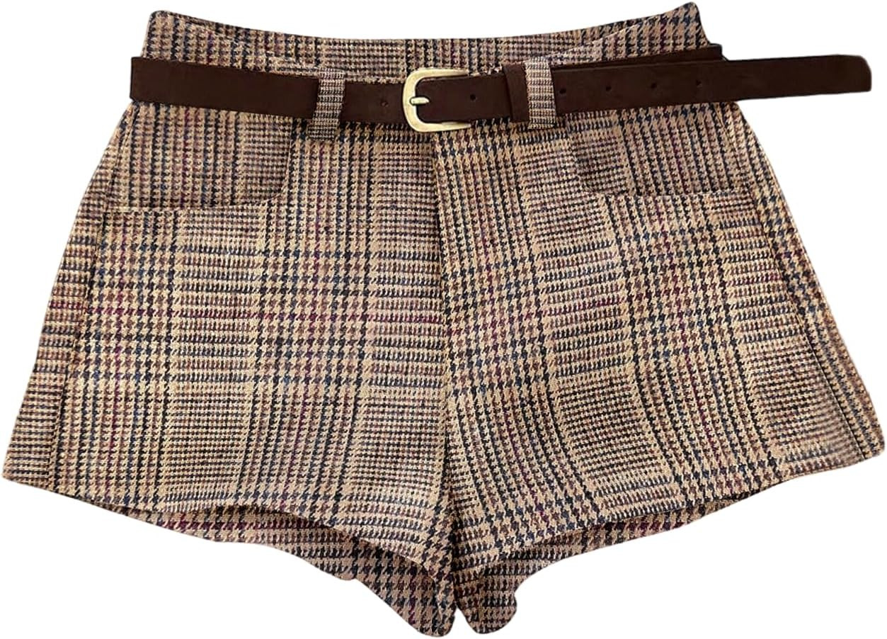 MakeMeChic Women's Plaid Dressy Shorts Houndstooth Mini Shorts with Belt | Amazon (US)