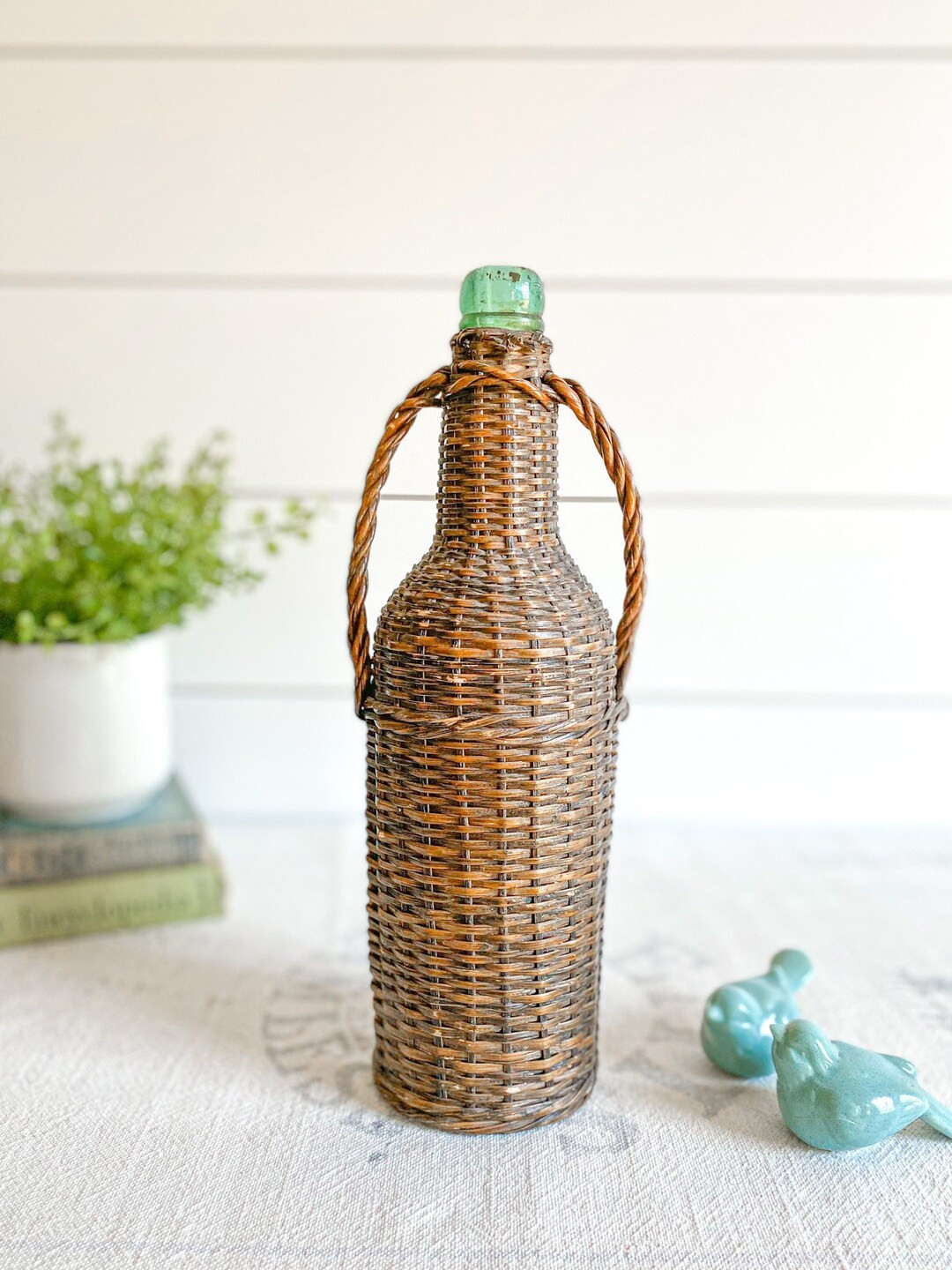 Vintage Demijohn Wine Bottle with Double Handle; Wicker Wrapped Green Glass Bottle, Demijohn Wine... | Etsy (US)