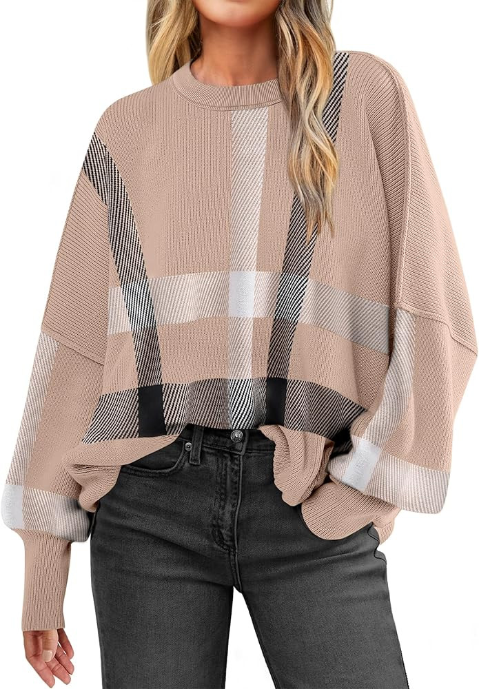 ANRABESS Womens Oversized Sweaters Fall 2024 Fashion Crewneck Batwing Long Sleeve Side Slit Knit ... | Amazon (US)